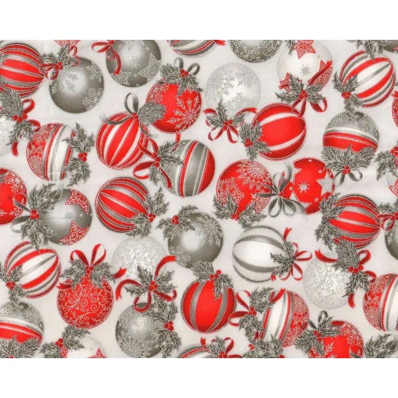 Metallic-Patchworkstoff HOLIDAY FLOURISH, Kugeln mit Ilex, antikweiß-silber, Robert Kaufman