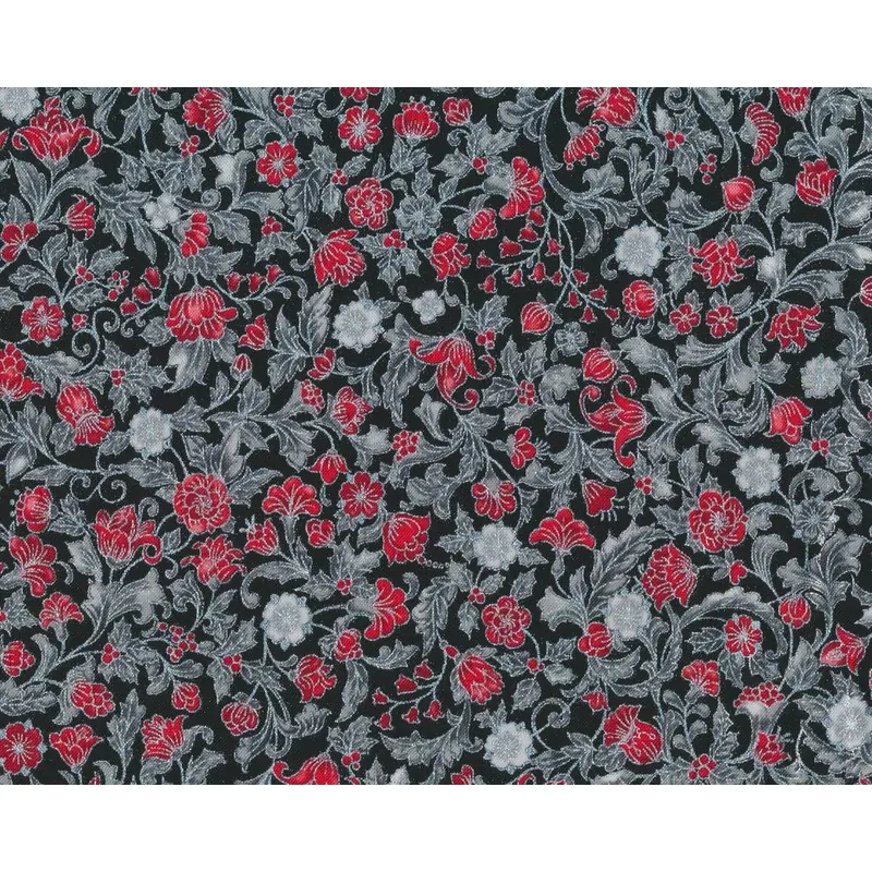 Metallic-Patchworkstoff HOLIDAY FLOURISH, Ornament-Blumen, schwarz-grau-silber metallic