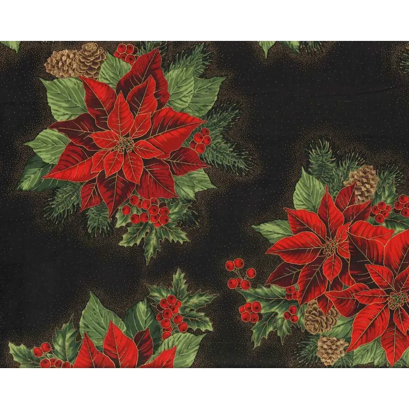 Metallic-Patchworkstoff HOLIDAY FLOURISH, Weihnachtsstern-Gesteck, schwarz-gold, Robert Kaufman