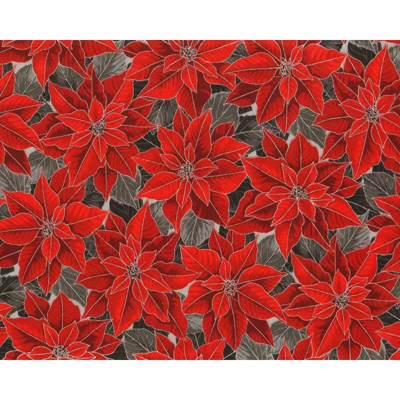 Metallic-Patchworkstoff HOLIDAY FLOURISH, Weihnachtsstern, rot-grau-silber, Robert Kaufman