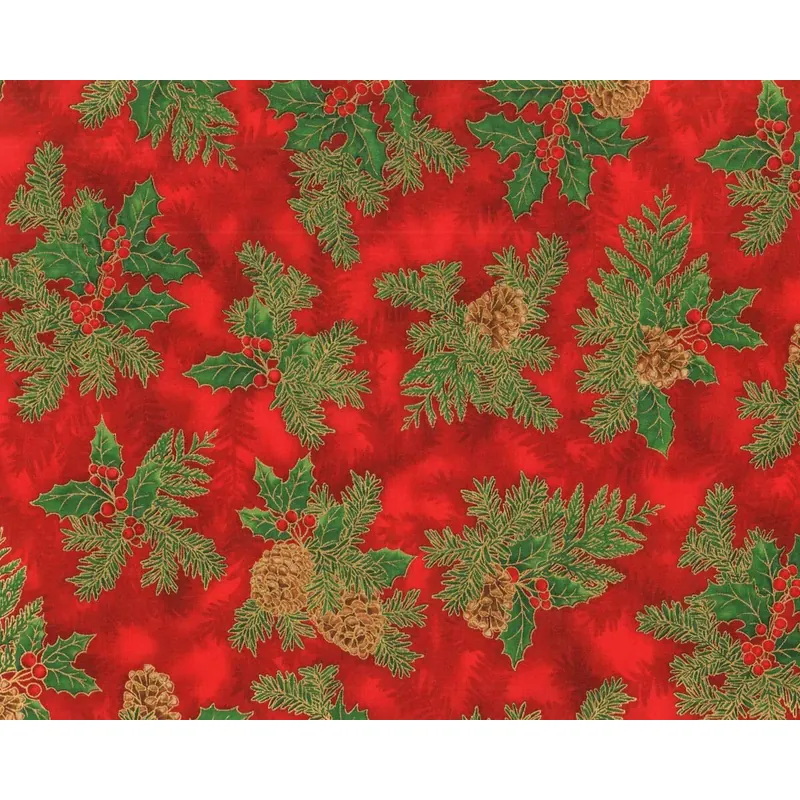Metallic-Patchworkstoff HOLIDAY FLOURISH, Zapfen-Gesteck, rot-gold, Robert Kaufman