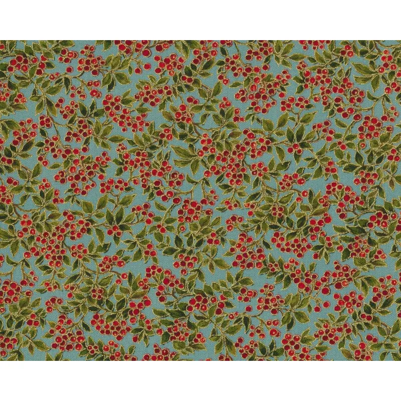 Metallic-Patchworkstoff HOLLY NIGHT METALLIC, Beerenzweige, stumpfes türkis-gold-moosgrün, Moda Fabrics