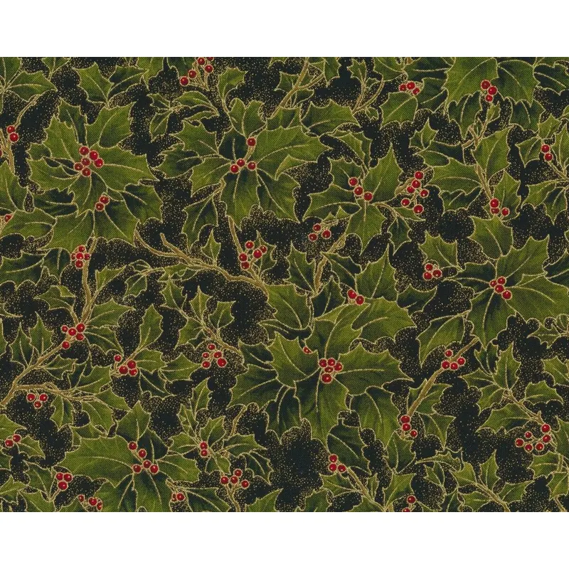 Metallic-Patchworkstoff HOLLY NIGHT METALLIC, Ilex, moosgrün-schwarz-gold, Moda Fabrics