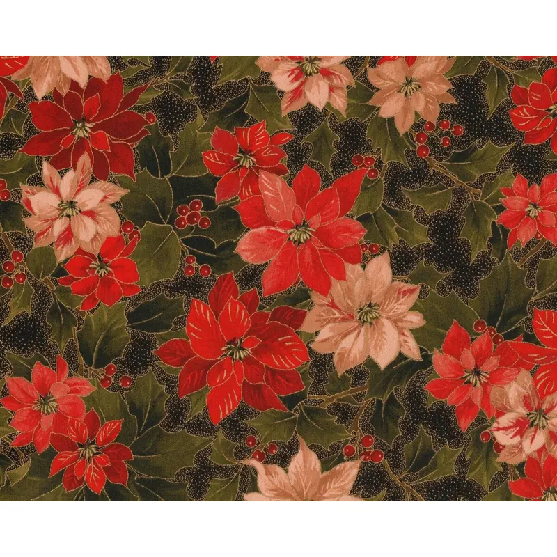 Metallic-Patchworkstoff HOLLY NIGHT METALLIC, Weihnachtsstern und Ilex, dunkelrot-schwarz-gold, Moda Fabrics