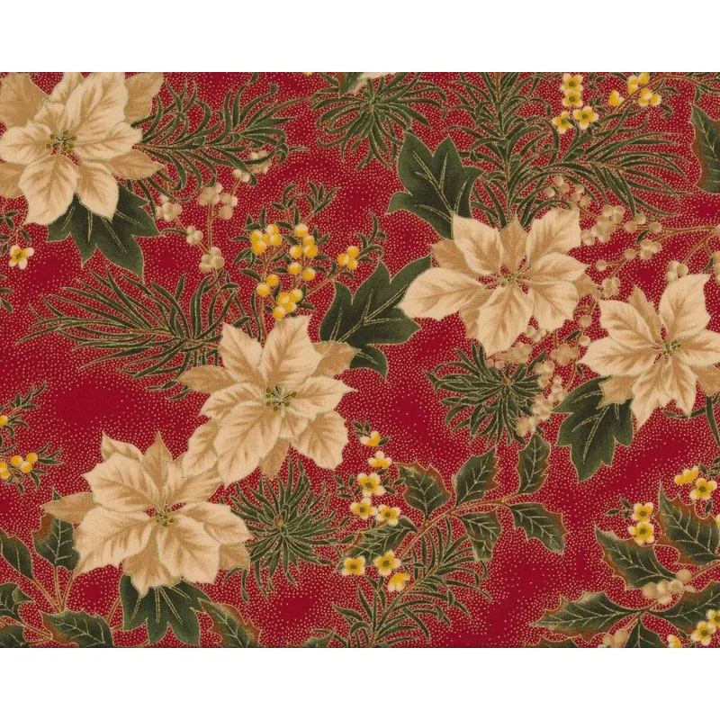 Metallic-Patchworkstoff LET IT GLOW, Weihnachtsstern und Ilex, dunkelrot-beige-gold, Moda Fabrics