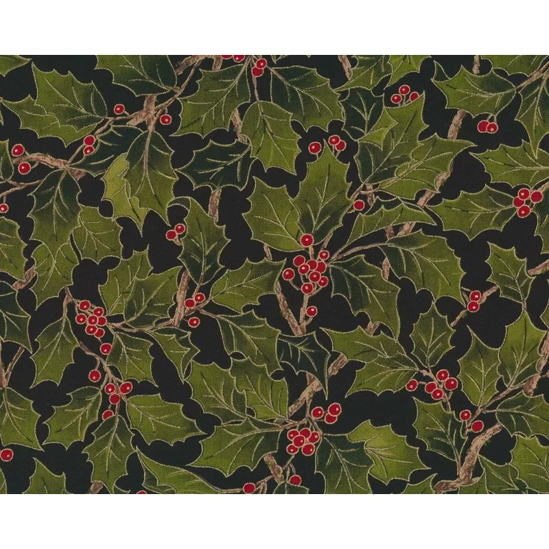 Metallic-Patchworkstoff MAGNOLIA METALLICS, Ilex-Blätter, schwarz-olivgrün, Moda Fabrics
