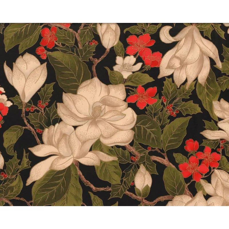 Metallic-Patchworkstoff MAGNOLIA METALLICS, Magnolien-Blüten, schwarz-natur, Moda Fabrics