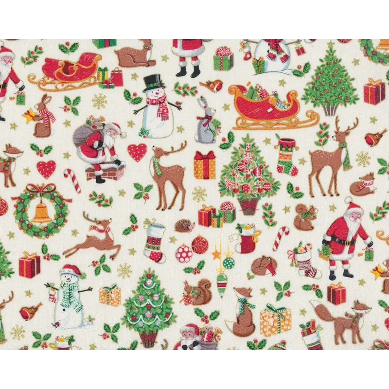 Metallic-Patchworkstoff MERRY CHRISTMAS, Weihnachtsgewusel, creme-rot, Hilco