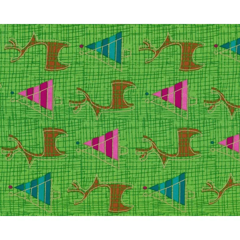 Metallic-Patchworkstoff MERRY LITTLE CHRISTMAS, Rentiere und Tannen, grasgrün-gold metallic