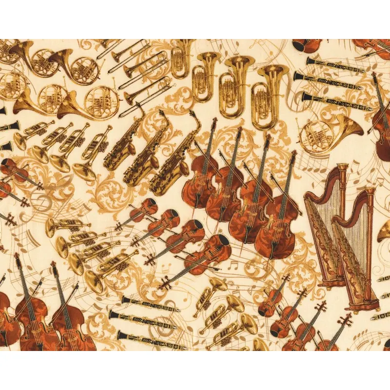 Metallic-Patchworkstoff NIGHT AT THE OPERA, Musikinstrumente, hellbeige-gold metallic
