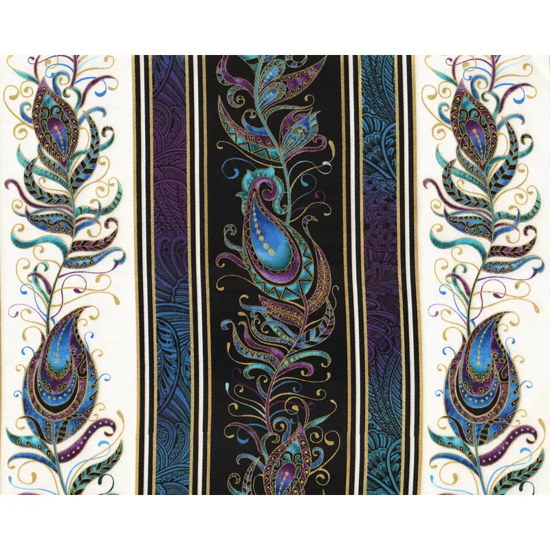 Metallic-Patchworkstoff PEACOCK FLOURISH, Pfauenfeder-Bordüren, Ann Lauer