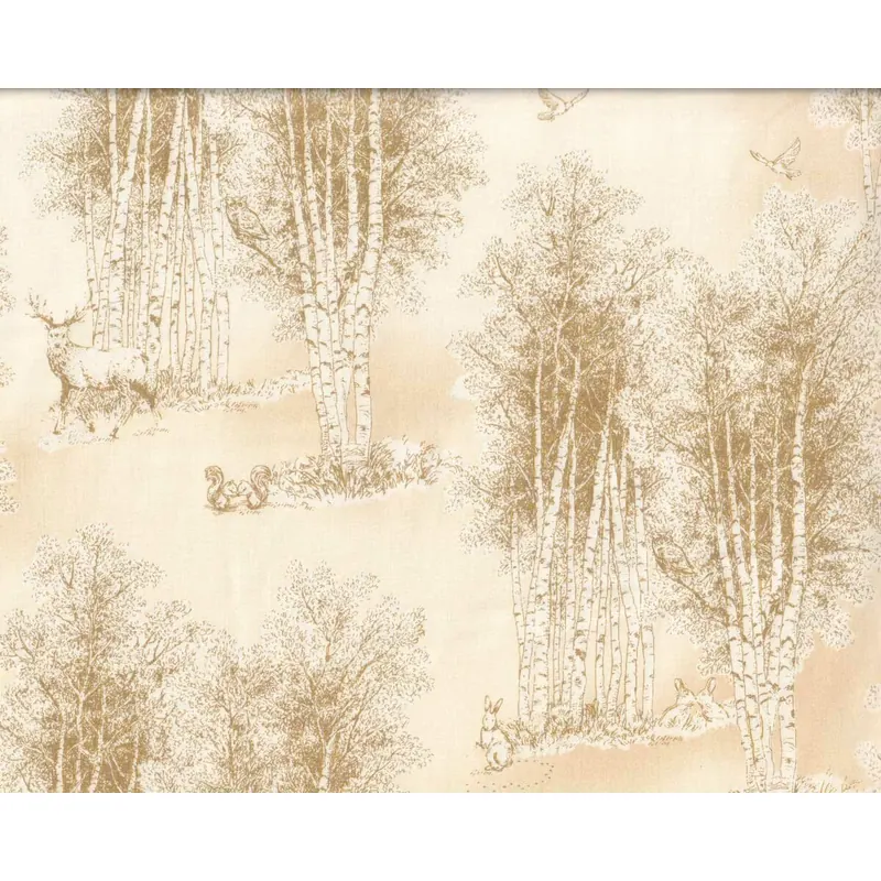 Metallic-Patchworkstoff WILDWOOD GRACE, Birkenwald mit Tieren, beige-gold, Robert Kaufman