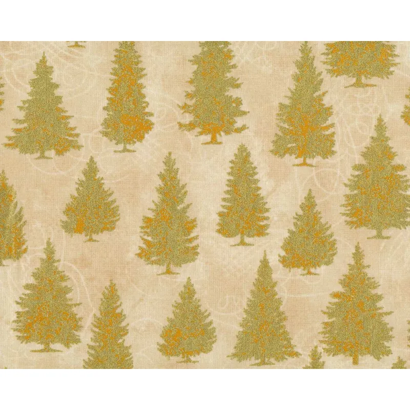 Metallic-Patchworkstoff WINTER'S GRANDEUR, Tannenbäume, hellbeige-gold, Robert Kaufman