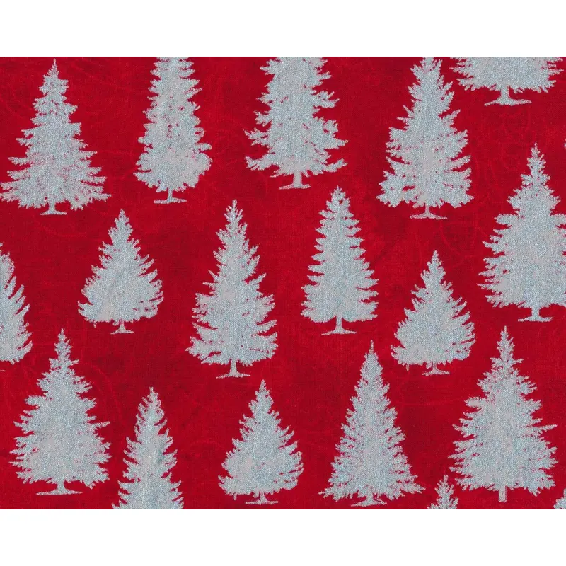 Metallic-Patchworkstoff WINTER'S GRANDEUR, Tannenbäume, rot-silber, Robert Kaufman