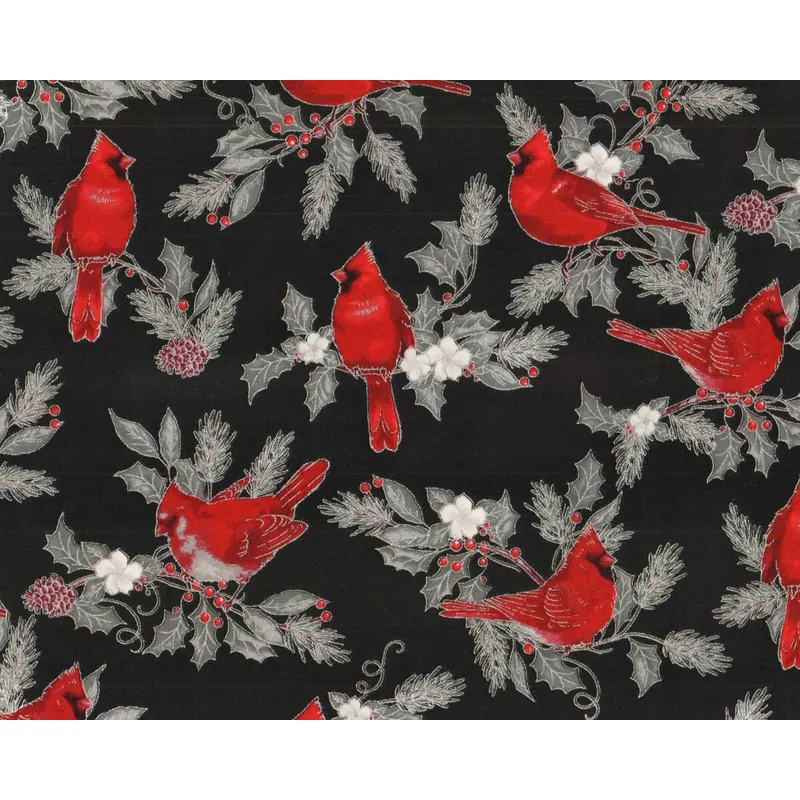 Metallic-Patchworkstoff WINTER'S GRANDEUR, Vögel, schwarz-silber, Robert Kaufman