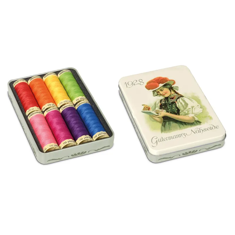 Nostalgie-Blechdose Nähfaden Allesnäher, 8 bunte Farben, Gütermann