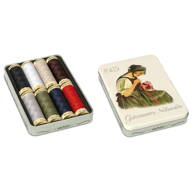Nostalgie-Blechdose Nähfaden Allesnäher, 8 klassische Farben, Gütermann