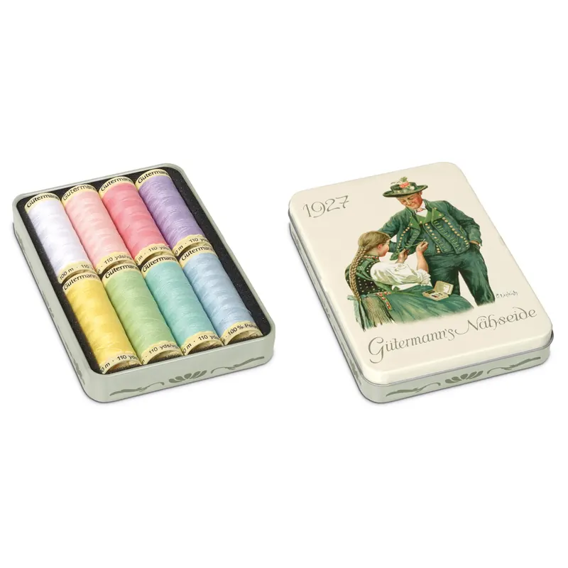 Nostalgie-Blechdose Nähfaden Allesnäher, 8 Pastellfarben, Gütermann