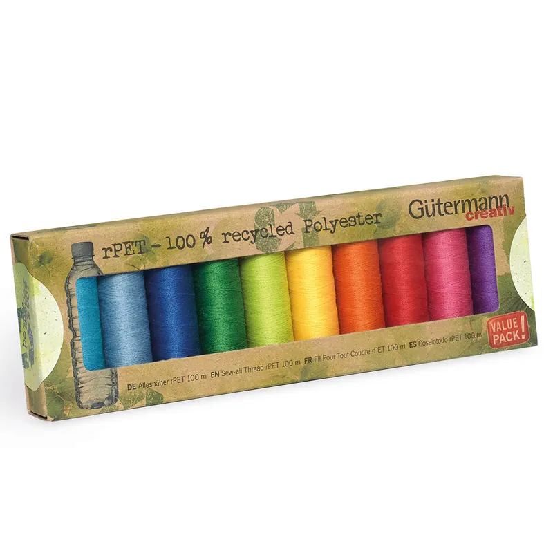 Öko-Nähfaden-Set Allesnäher rPET, 10 Garne, Regenbogen, Gütermann