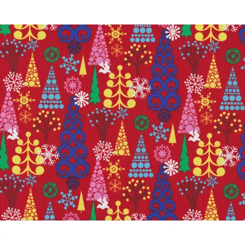 Patchworkserie "Christmas Ornaments" mit gemusterten Tannenbäumen, rot-ultramarineblau