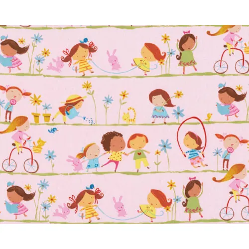 Patchworkserie "Hopscotch" mit Streifen von spielenden Kindern, rosa