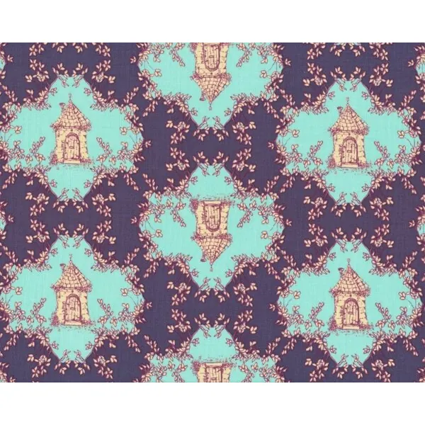 Patchworkserie "Opal Owl" mit Turmhäuschen und Ranken-Raute, lila-hellblau
