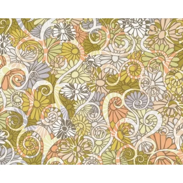 Patchworkserie "Wild World" mit quirligen Blüten, helles moosgrün-aprikot
