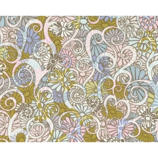 Patchworkserie "Wild World" mit quirligen Blüten, helles moosgrün-taubenblau