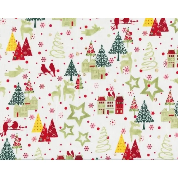Patchworkstoff "A Christmas Story" mit kleinen Tannenbäumen und Häusern, hellgrün-rot