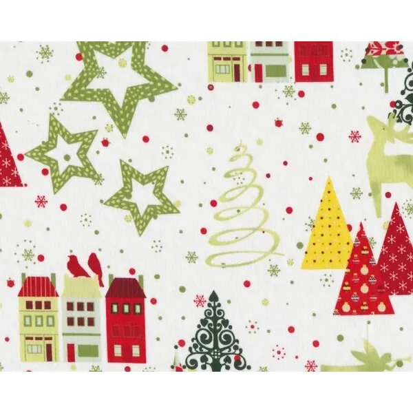 Patchworkstoff "A Christmas Story" mit Tannenbäumen und Häusern, hellgrün-rot