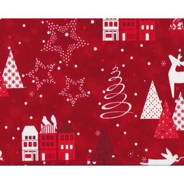 Patchworkstoff "A Christmas Story" mit Tannenbäumen und Häusern, rot-weiß