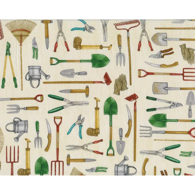 Patchworkstoff A GARDENING WE GROW, Gartengeräte, QT Fabrics