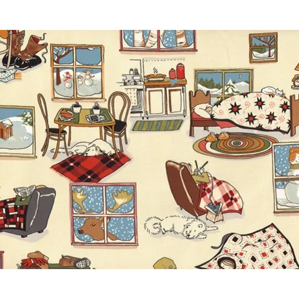 Patchworkstoff "A Snowy Day", Winterlandschaft drinnen und draußen, himmelblau-eierschalenfarben