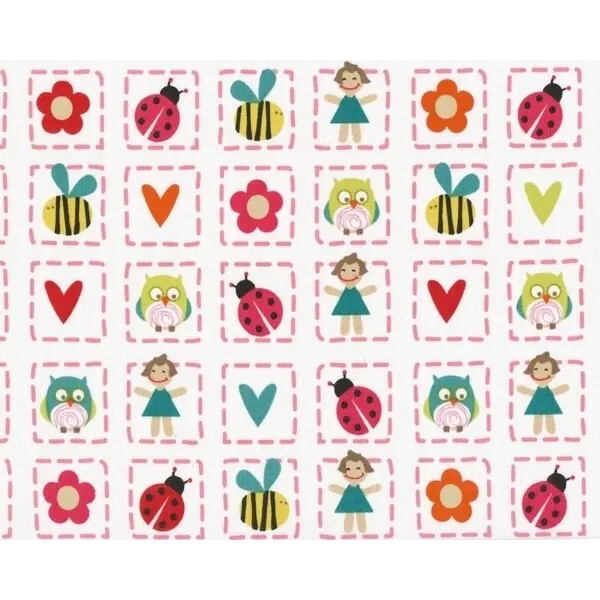 Patchworkstoff "Alphabet Soup" mit lustigen Tieren und Herzen im Strichel-Karo, rosa-petrol-rot