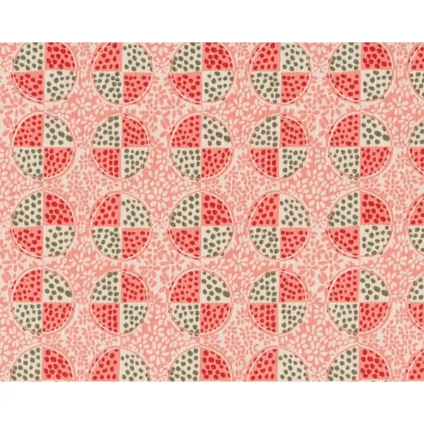 Patchworkstoff "Amelia's Attic" mit geblumten Karos und gepunkteten Kreisen, lachsrot-steingrau