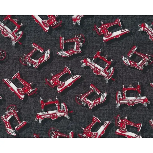 Patchworkstoff AND SEW ON, Nähmaschinen, dunkelgrau-rot