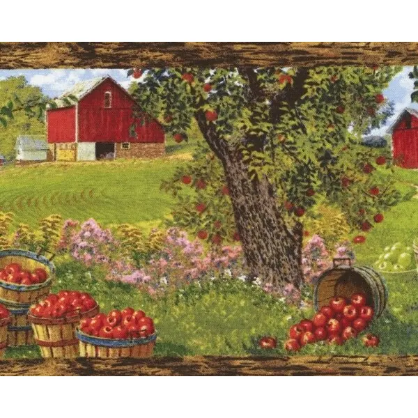 Patchworkstoff "Apple a Day" mit Obstgärten in Längsstreifen, grün-rot-braun