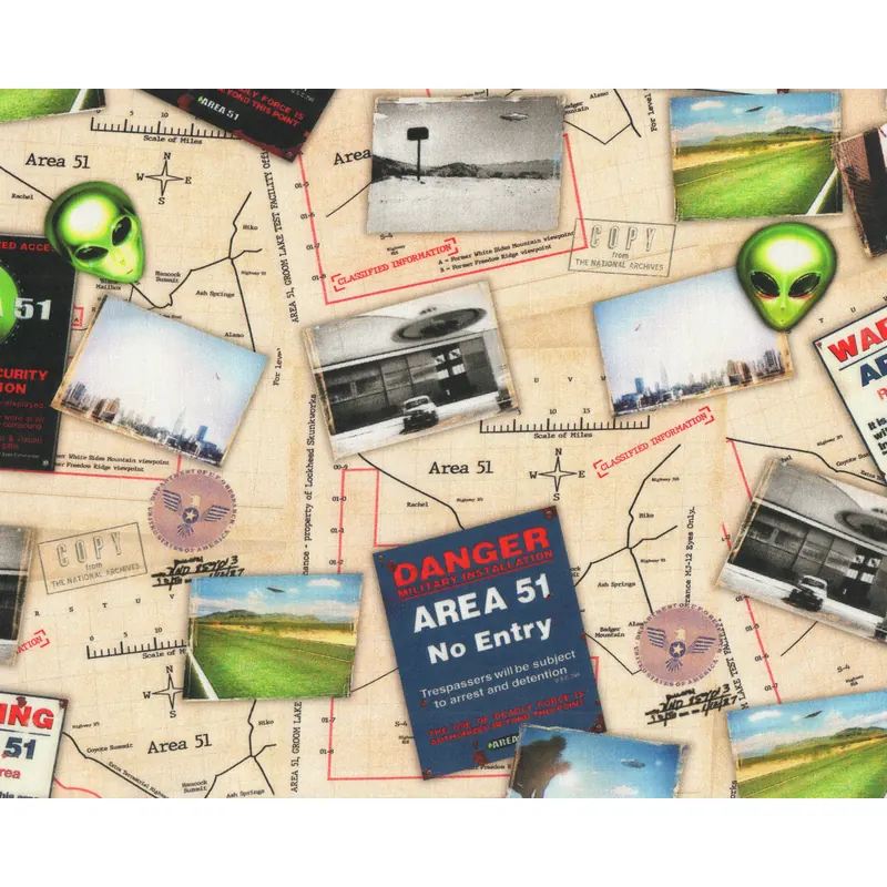 Patchworkstoff AREA 51, Landkarte mit Aliens, beige, Robert Kaufman