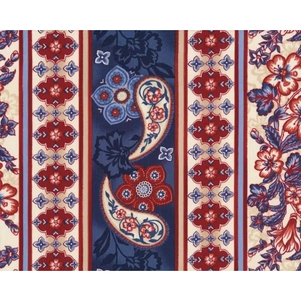 Patchworkstoff ARTISAN mit Muster- und Blütenstreifen, rotbraun-blau