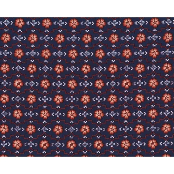 Patchworkstoff ARTISAN mit ornamentalem Blütengrund, dunkelblau-rotbraun