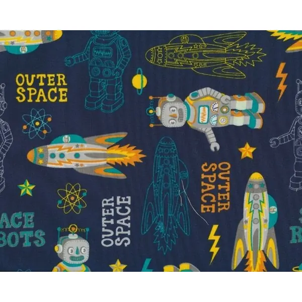 Patchworkstoff ATOMIC BOTS, Roboter und Raumschiffe, dunkelblau-gelb