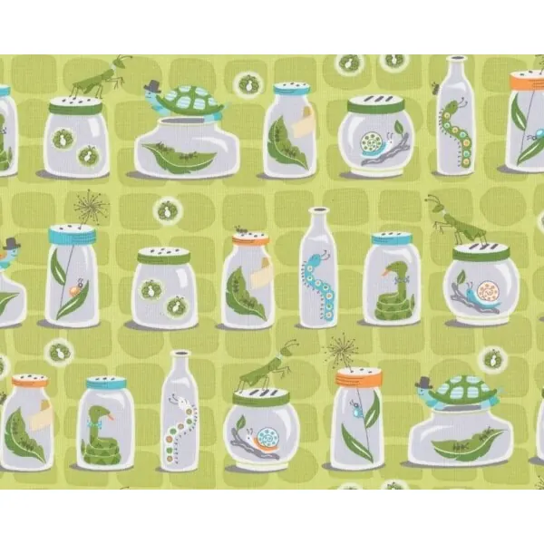 Patchworkstoff "Backyard Baby", Glasterrarien mit allerlei lustigen Getier, hellgrün