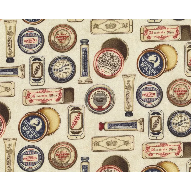 Patchworkstoff BARBER SHOP, Tuben und Cremedosen, eierschalenfarben