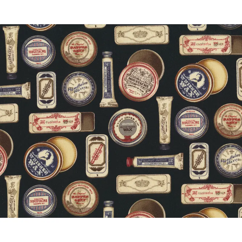 Patchworkstoff BARBER SHOP, Tuben und Cremedosen, schwarz