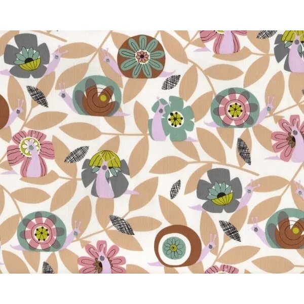 Patchworkstoff BARCLAY SNAIL, Schnecken im Blumenbeet, beige-gedecktes türkis, Alexander Herny