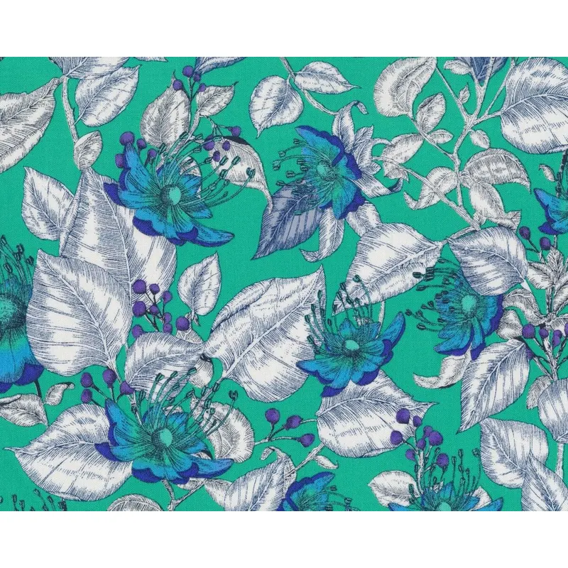 Patchworkstoff BAROQUE GARDEN, Skizzenblätter und Blüten, jadegrün-gebrochenes weiß