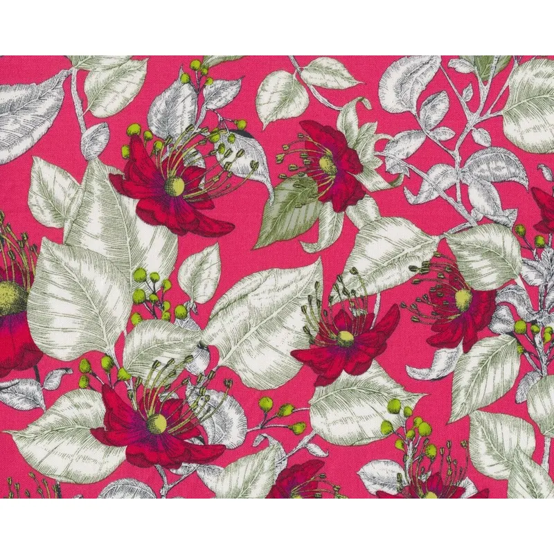 Patchworkstoff BAROQUE GARDEN, Skizzenblätter und Blüten, kräftiges fuchsia-gebrochenes weiß