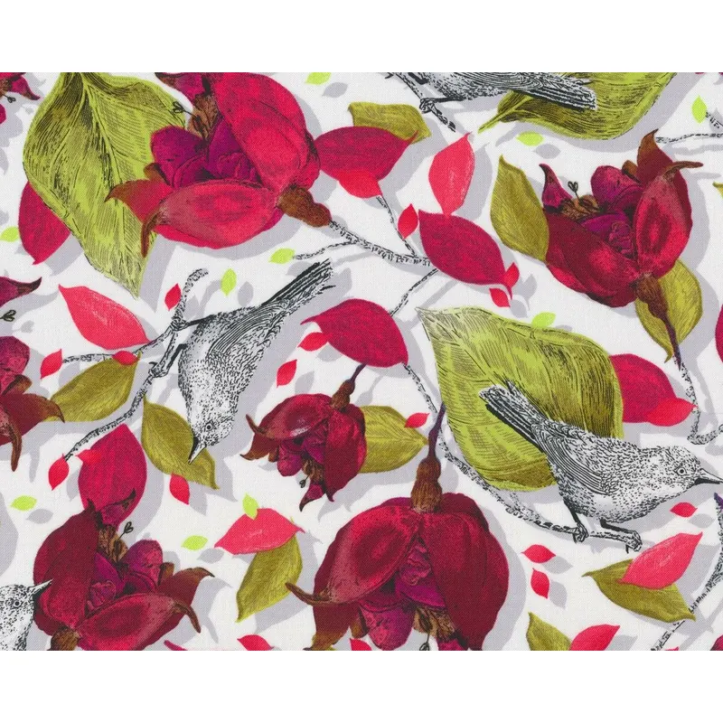 Patchworkstoff BAROQUE GARDEN, Vögel zwischen Blüten, dunkelrot-limette