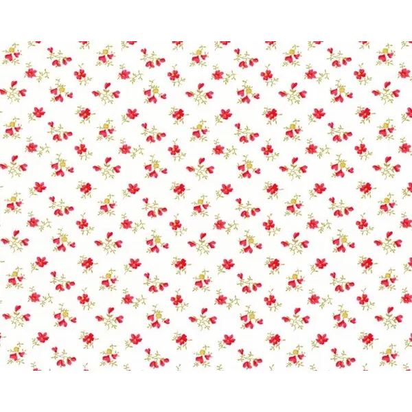 Patchworkstoff "Beautiful Blossoms" mit regelmäßigen Streublümchen, rot-schilfgrün-weiß