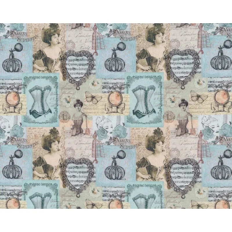 Patchworkstoff BELLE EPOQUE, Vintage-Bilder, helles türkis